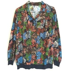 Top Notch Vintage Leaf Print Pullover Blouse Women's M Retro Button Neck‎ Top